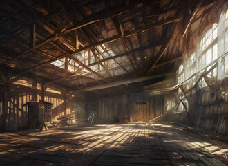 The interior of a large derelict deserted old wooden rural barn with atmospheric sunlight coming through windows and scattered farm equipment. generative ai art - obrazy, fototapety, plakaty