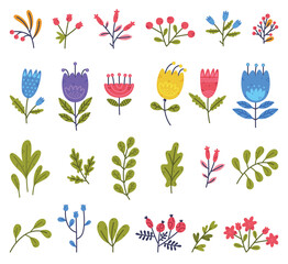 Floral Twigs with Blooming Flower and Green Leaf as Cute Foliage Vector Set