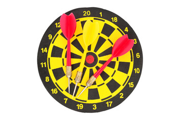 Small dartboard in yellow and black with three dart arrows isolated png file