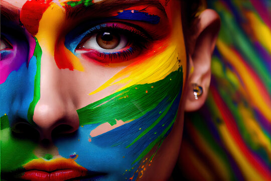 Guy with rainbow colored face, close up, lgbt pride concept