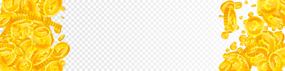 British pound coins falling. Scattered gold GBP coins. United Kingdom money. Jackpot wealth or success concept. Panoramic vector illustration.