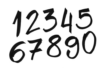 Numbers from 0 to 9 handwritten with marker pen. Beautiful calligraphy. Handmade. Brush, irregular shapes. one, two, three, four, five, six, seven, eight, nine, zero. Font, type, scribble.
