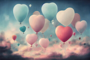 Obraz na płótnie Canvas ai midjourney illustration of a pastel colored sky and floating colored heart shaped balloons