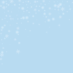Fototapeta na wymiar Beautiful snowfall christmas background. Subtle flying snow flakes and stars on light blue winter backdrop. Beautiful snowfall overlay template. Square vector illustration.