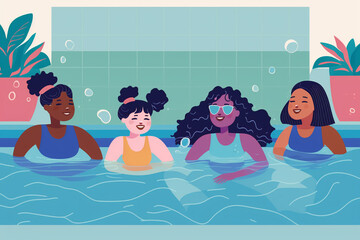 Diverse group of women swimming in pool, jacuzzi, sauna. Flat vector art illustration, generative art