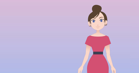 Image of pictogram of woman in pink dress with copy space on purple background