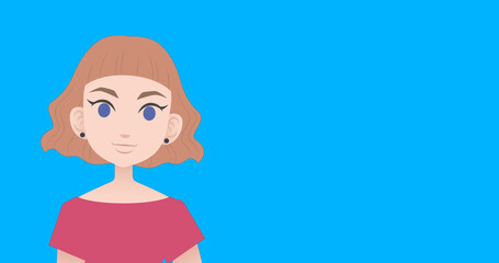 Image of pictogram of woman in pink dress with copy space on blue background