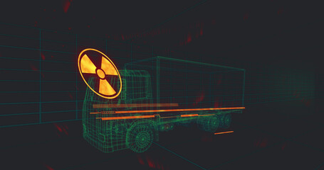 Composition of radiation warning symbol over digital truck on black background