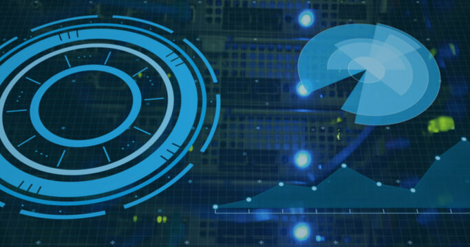 Image of data processing and scopes scanning on screens