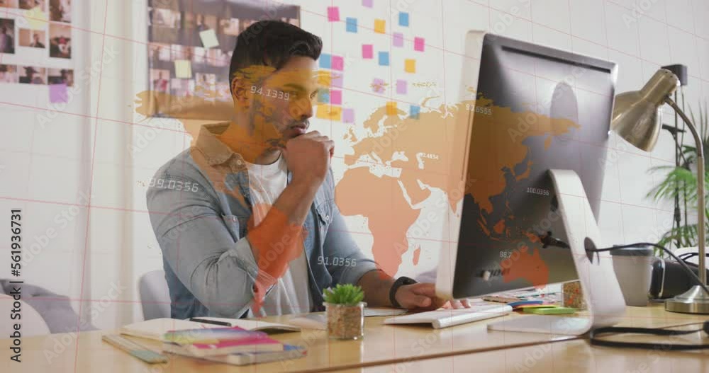 Poster animation of world map and data processing over biracial businessman using computer