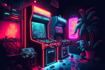 Awesome picture of the arcade machine with neon lights and bright effects. Future of gaming concept. Generative AI