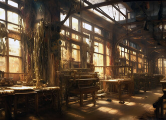 Painting of an old-fashioned weaving mill filled with the looms and equipment of a bygone era. generative ai illustration