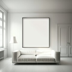 The empty white painting on the wall of a minimalist room is a canvas for the viewer's thoughts.