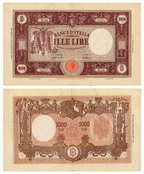 Mille Lire (thousand lire) old italian vintage banknote for collectors and historical artifact, Italy, year 1945