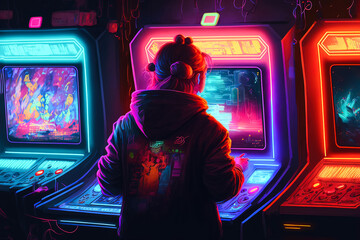 Unique wallpaper is the gamer of the future. Awesome picture of the arcade machine with neon lights and bright effects. Future of gaming concept. Generative AI - obrazy, fototapety, plakaty
