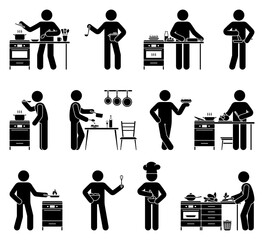 Stick figure man cooking home kitchen vector illustration set. Stickman person preparing breakfast, lunch, dinner icon silhouette pictogram