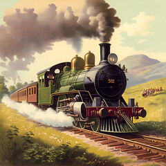 Steam train journey - Midjourney - obrazy, fototapety, plakaty