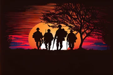 Fototapeten Military (Army, Marines, Navy, Air Force) Veterans. Soldiers at sunset silhouettes computer image with no reference photos used. Generative AI © Brian
