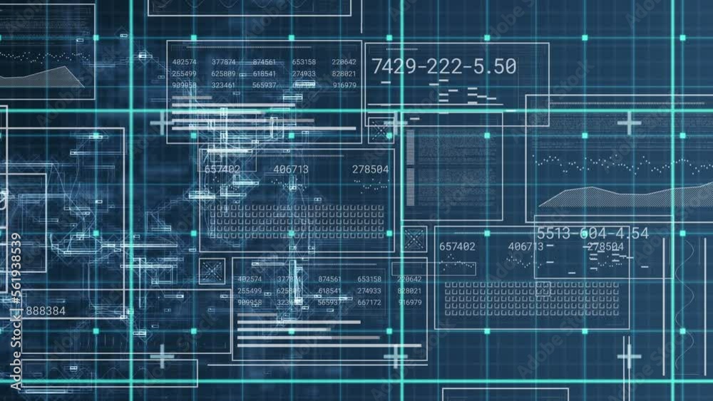 Poster animation of numbers in circles and rectangle, graph, bars, grid pattern against abstract pattern