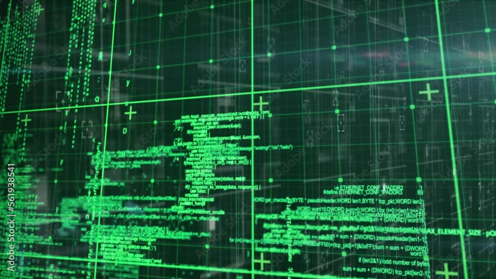 Poster animation of grid pattern and plus signs over computer language against black background