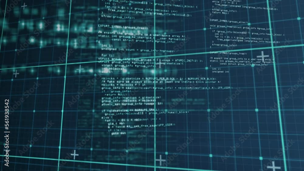 Poster animation of grid pattern and plus signs over computer language against abstract background