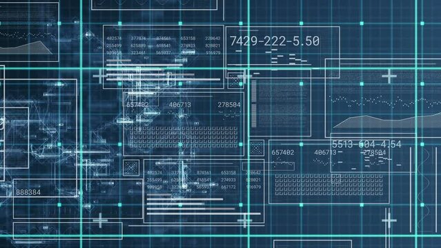 Animation of numbers in circles and rectangle, graph, bars, grid pattern against abstract pattern