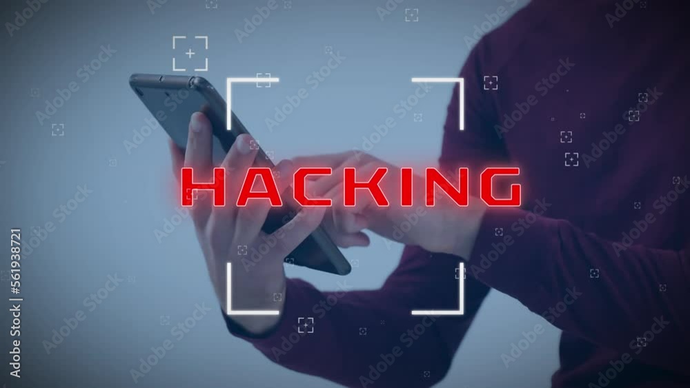 Poster animation of scope scanning over hacking text against mid section of a man using digital tablet