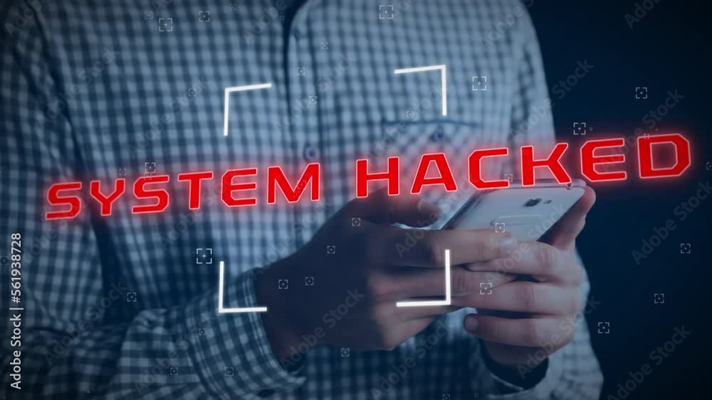 Poster animation of scope scanning over system hacked text over mid section of a man using smartphone