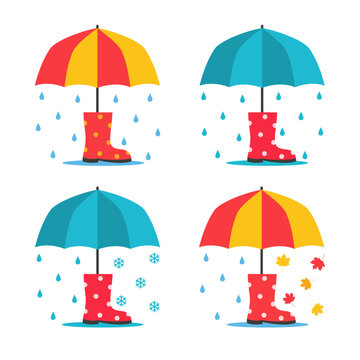 Rubber boots with an umbrella. Concept for different weather, seasons. Vector, illustration