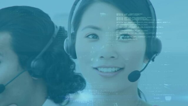 Animation of computer language, binary codes over asian customer representative talking over headset