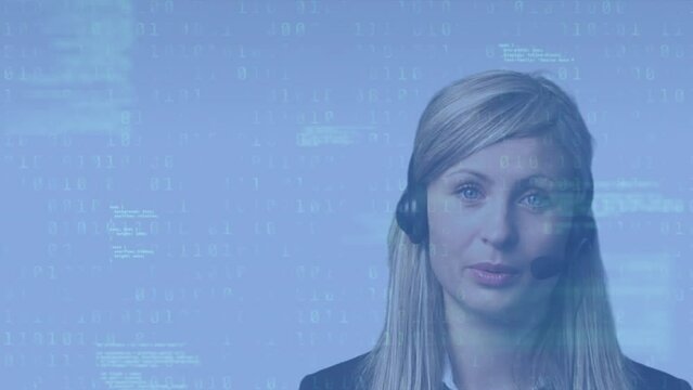 Animation of computer language, binary codes over caucasian call center agent talking over headset - Powered by Adobe