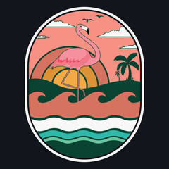 Summer Flamingo Sunset Beach Emblem Patch Logo Poster Label Vector Illustration Retro Vintage Badge Sticker And T-shirt Design