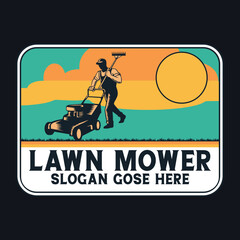 Lawn Mower Emblem Patch Logo Poster Label Vector Illustration Retro Vintage Badge Sticker And T-shirt Design