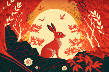 Colorful illustration for Chinese New Year, Year of the Rabbit. Illustrated concept for the celebration of the year of the rabbit.