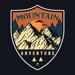 Mountain Outdoor Adventure Emblem Patch Logo Poster Label Vector Illustration Retro Vintage Badge Sticker And T-shirt Design