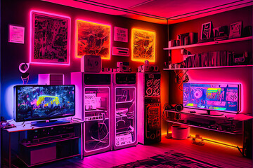 computer-generated image of interior of a colorful streaming studio. Computer technology and AV setup for professional streaming and gaming. Generative AI