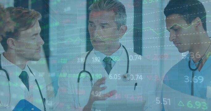 Animation of trading board and graphs over diverse senior doctor explaining coworkers over tablet