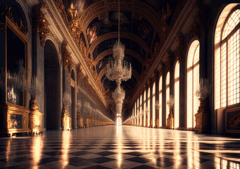 The hall of mirrors in the central wing of Palace of Versailles, France - illustration - AI Generated - obrazy, fototapety, plakaty