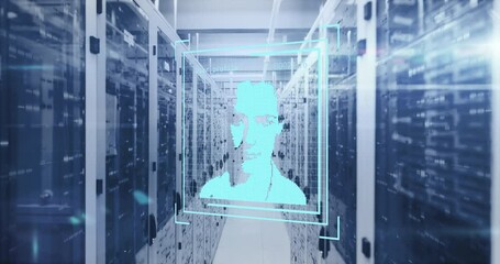 Animation of multiple profile icons against mosaic squares over computer server room - Powered by Adobe