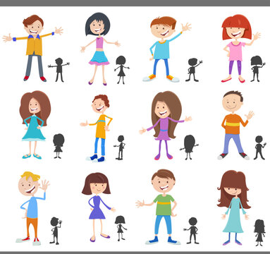 cartoon children characters with silhouettes set