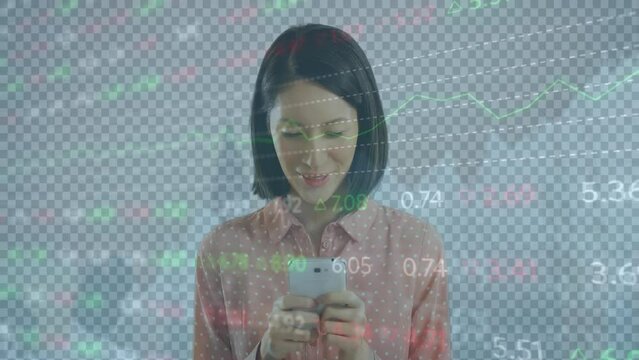 Animation of stock market data processing over caucasian woman using smartphone outdoors