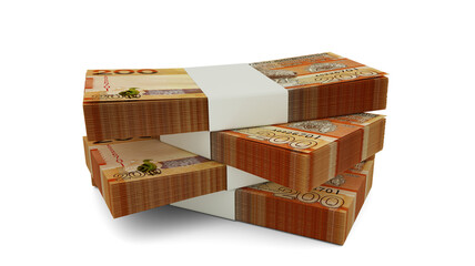 3d rendering of Stack of Gambian Dalasi notes. Few bundles of Gambian currency isolated on white background
