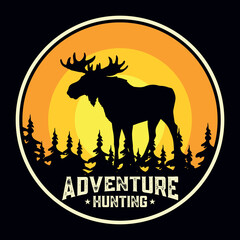 Mountain Hunting Moose Adventure Emblem Patch Logo Poster Label Vector Illustration Retro Vintage Badge Sticker And T-shirt Design