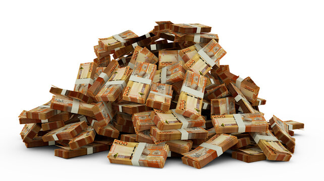 Big pile of Gambian dalasi notes a lot of money over white background. 3d rendering of bundles of cash