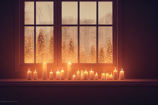 Warm Cozy Window Arrangement, Winter Or Autumn Concept, Candles Throw Lights