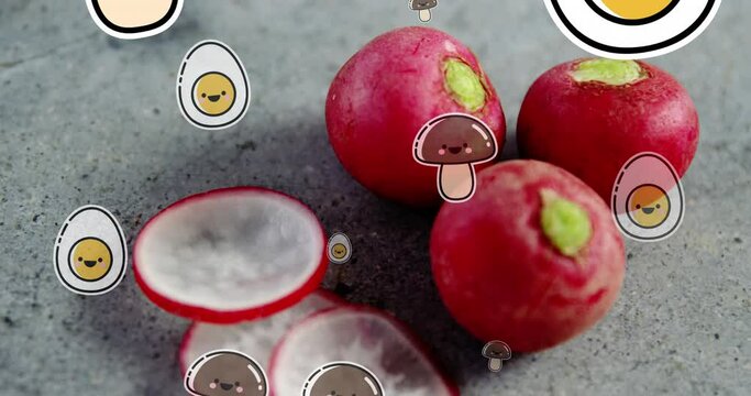 Video of happy food icons falling over radish