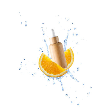 Brown bottle of face serum with vitamin C or essential  oil and orange slices  flying in splashing water  isolated on white background.