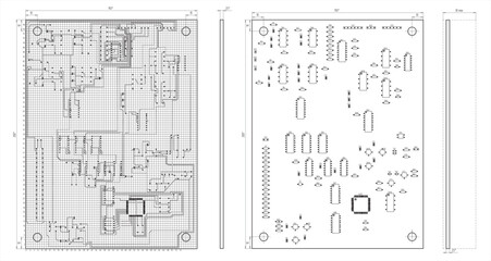 Tracing of conductors and assembly drawing of the printed circuit
board of an electronic device.
Vector drawing of printed tracks, transition holes, contact pads. Seats of radio components.