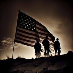 Soldiers silhouetted against the American flag