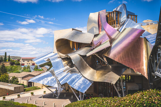 Eltziego, Spain - August 26, 2022 - View of the Iconic hotel on the Marques de Riscal winery